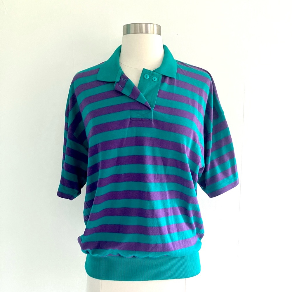Vintage 80’s purple & green striped polo pop over top shirt